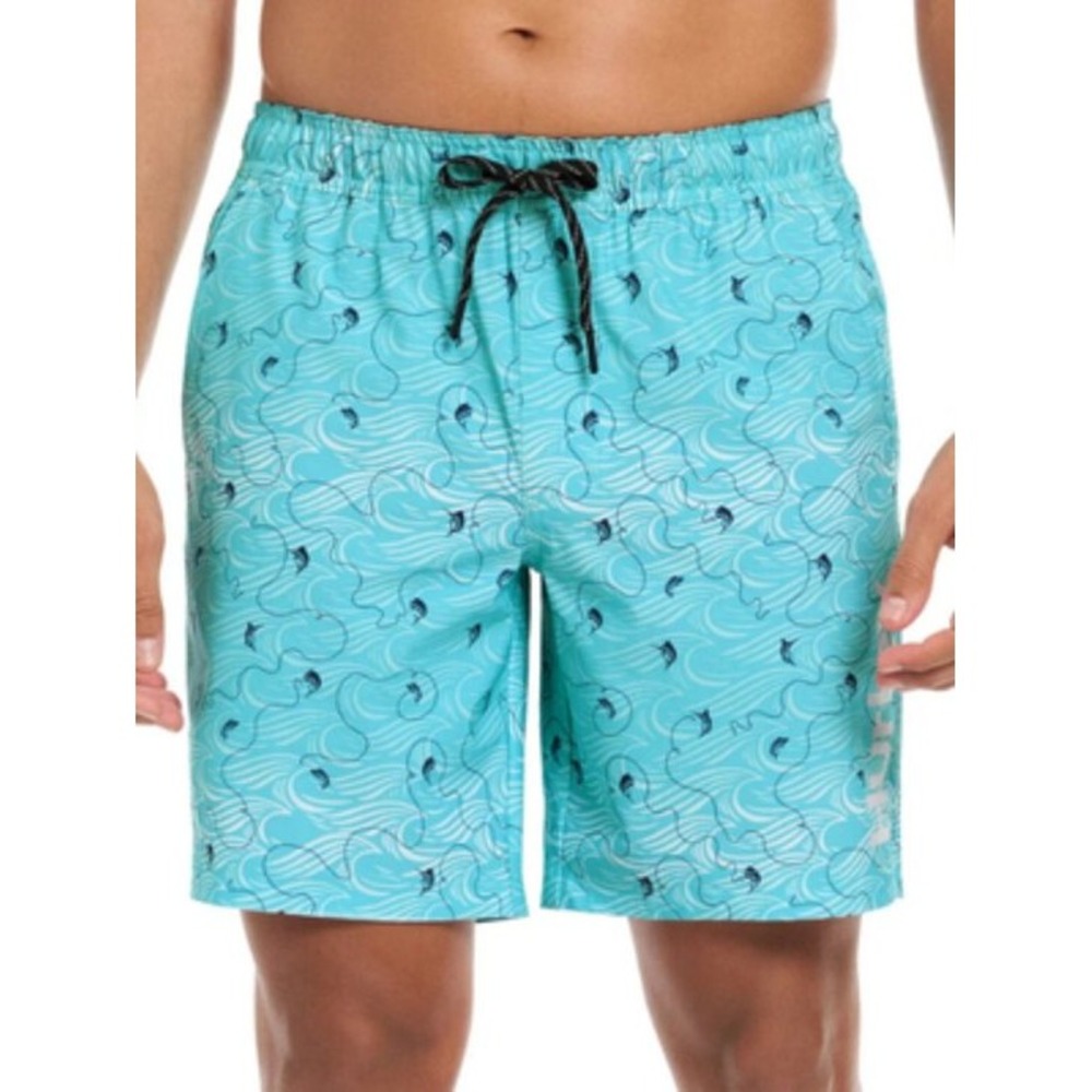 HURLEY Aqua Blue Wave Fish Print Drawstring Stretch Swim Trunks Medium‎